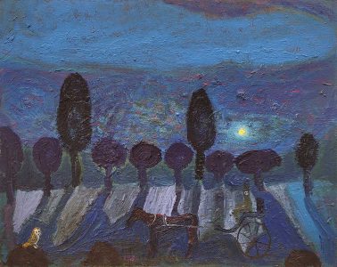 Axel Linderholm, Nightsoil man goes to town, 2025, oil paint on panel, 38 x 48 cm