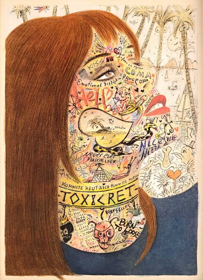 Corinne von Lebusa & Moritz Schleime, Toxicret, 2023, colourpencil, ink on paper, 28 x 19,5 cm