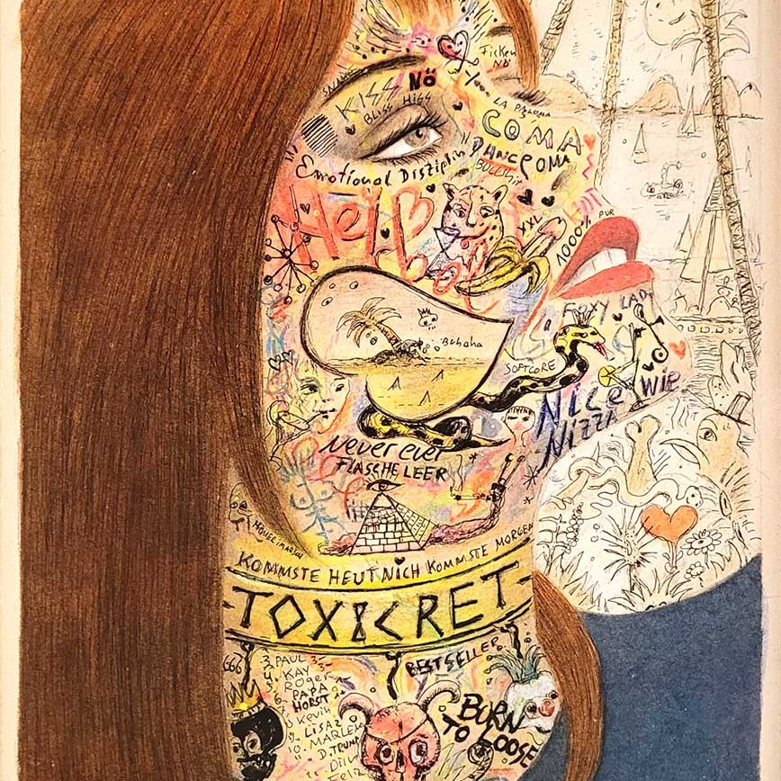 Corinne von Lebusa & Moritz Schleime, Toxicret, 2023, colourpencil, ink on paper, 28 x 19,5 cm