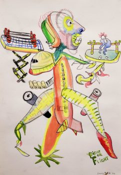 David Bade, Fight or Flight, 2024, pencil, watercolour on paper, 42 x 28 m