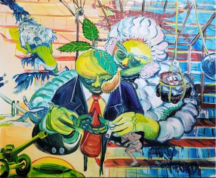 David Bade, Ken je het land waar de kanonnen bloeien, 2025, acrylic paint on linnen, 81.5 x 97 cm