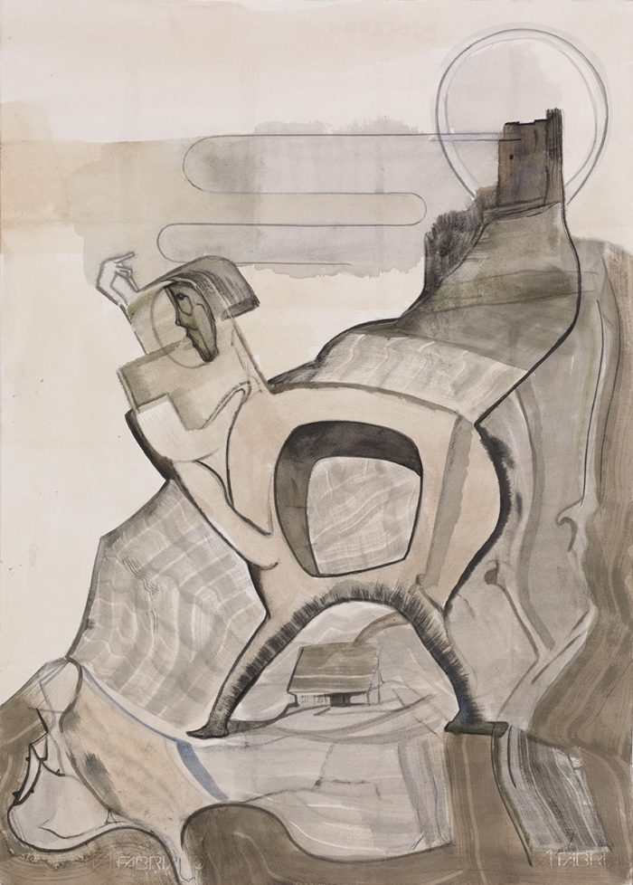 Diederik Gerlach, Am Rhein (Sinnend), 2024, ink, acrylic on paper, 70 x 50 cm