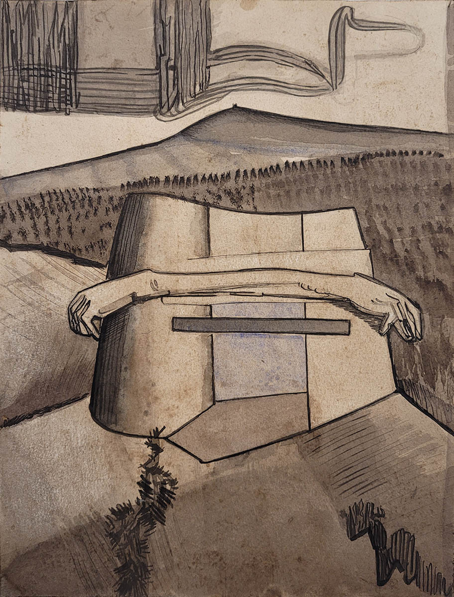 Diederik Gerlach, Tränenlandschaften, Arm mit zwei Händen, 2023, ink on paper, 32 x 24 cm