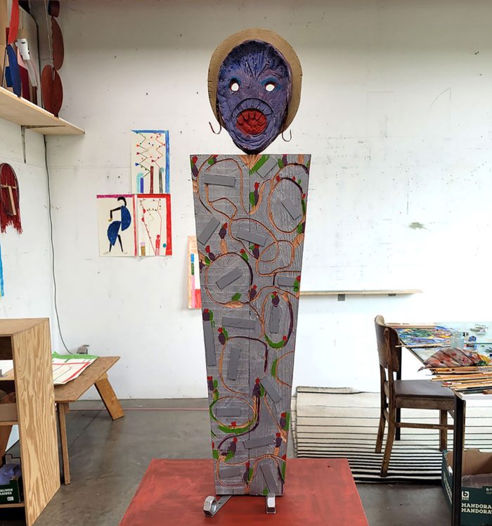 Dirk Zoete, no title, 2024, wood, paint, metal, plasticrete, 106 x 26 x 5 cm