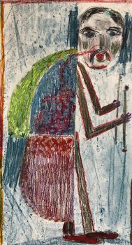 Dirk Zoete, no title (study for sculpture), 2024, oilpastel, pigment, oilpaint on paper, 64 x 34 cm