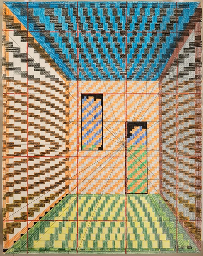 Henri Jacobs, Journal Drawing 1045, L'espace Las Meninas, recto, Thursday 28 August, 2025, coloured pencil, ink on plaited paper, 32 x 24 cm