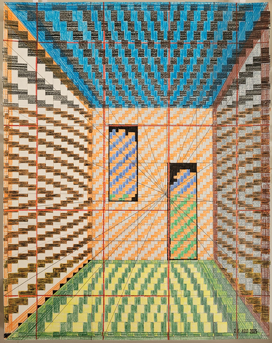 Henri Jacobs Journal Drawing 1045, L'espace Las Meninas, recto, Thursday 28 August, 2025, coloured pencil, ink on plaited paper, 32 x 24 cm