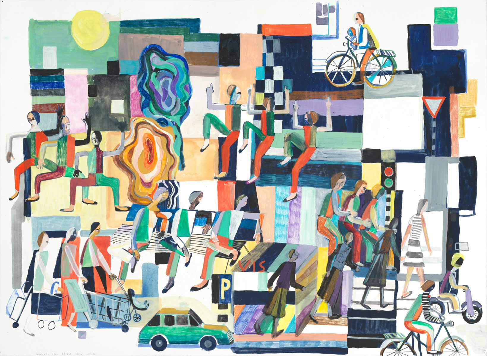 Jantien Jongsma, Winkels, Plein, Straat, Verkeer (shops, square, street, traffic), 2023, gouache, pencil on paper, 57 x 78 cm