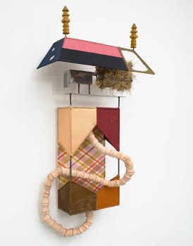 Jordan Heregraven The Hanging Garden, (Proprioception), 2024, lindenwood, steel, textiles, hay, watercolour, on canvas, 170 × 80 × 40 cm