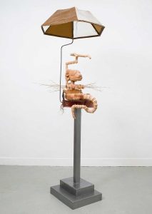 Jordan Heregraven, Casting Shade Upon the Well of Creation, 2023, lindenwood, human hair, steel, watercolour on canvas, velvet, mousseline, 170 × 80 × 40 cm