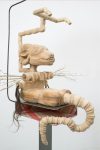Jordan Herregraven, Casting Shade on the Well of Creation (detail), 2023, wood, canvas, watercolor, steel, human hair, crushed velvet, muslin, 225 x 75 x 75 cm