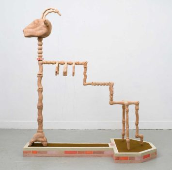 Jordan Heregraven, To Be But Hands and Feet Upon the Dirt, a Whisper in Reverse Recalls the Void as Wet Song, 2023, lindenwood, hair, wool, watercolour, on canvas, 170 × 80 × 40 cm