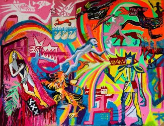 Julia Kiryanova, The Rainbow Conflict, part 1, 2022, tufted wool, spraypaint on cotton, 220 x 290 cm