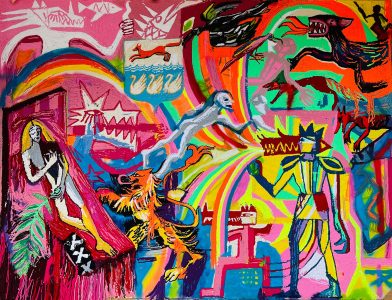 Julia Kiryanova, The Rainbow Conflict, part 1, 2022, tufted wool, spraypaint on cotton, 220 x 290 cm