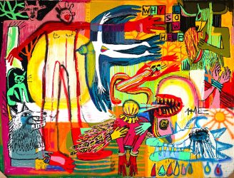 Julia Kiryanova, The Rainbow Conflict, part 2, 2022, tufted wool, spraypaint on cotton, 220 x 290 cm