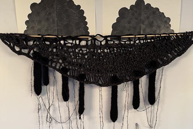 Karin van Dam, Symbiosis, 2026, graphite, paper, wool, felt, wood, 130 x 110 x 3 cm