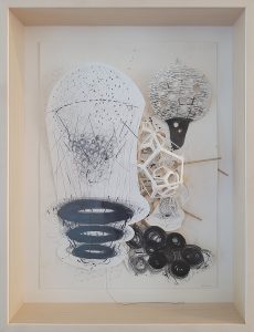 Karin van Dam, no title, 2018, pencil, graphite on paper, wood, felt, paperclip, 42 x 30 x 6 cm