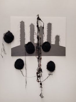 Karin van Dam, no title, 2024, pencil, graphite on paper, wool, seaweed, 63 x 47 x 5,5 cm