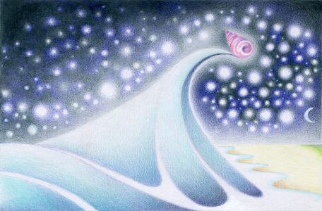 Lisa Blaauwbroek, Reaching the Shore, 2023, coloured pencil on paper, 10,4x15cm