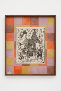 Jordan Herregraven, Lost Upon the Darkened Field, the Theatre of Regret Straddles the Evolutionary Gap, 2025, etching and watercolour on canvas, 42 x 50 cm