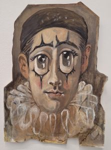 Marjolijn van der Meij, Pierrot Fayoum, 2025, oil paint on paper, 42 x 30 cm