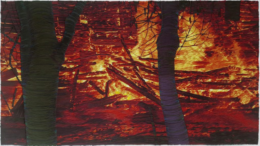 Martin Fenne, Fire, 2024, satin strips on metal mesh, 78 x 140 cm