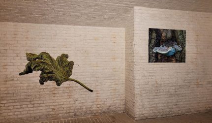Martin Fenne, Fig Leaf, 2026, Portrait 3, 2021, satin piping, aluminium mesh, paper, 90 x 140 x 2,5cm / 70 x 90 x 2,5 cm