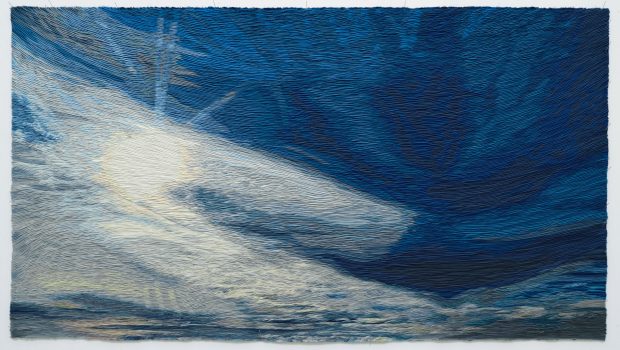 Martin Fenne, Air, 2024, satinpiping, paper, aluminium mesh 78 x 140 cm