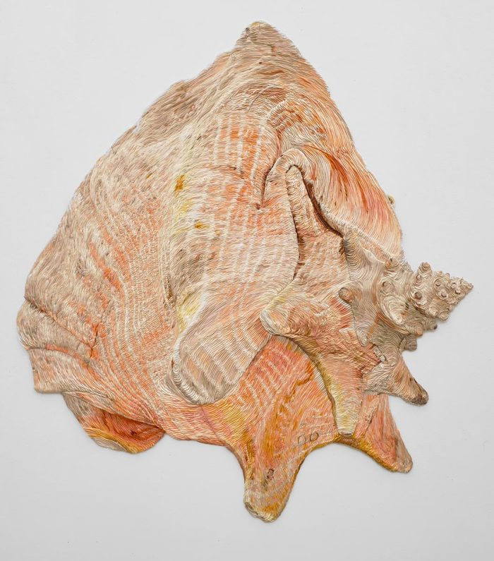 Martin Fenne, Shell, 2026, satin piping, aluminium mesh, paper, 112 x 101 x 2,5 cm
