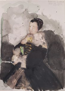 Nour-Eddine Jarram, Portret van een zittende vrouw met waaier, 2022, watercolour on paper, 29,7 x 21 cm