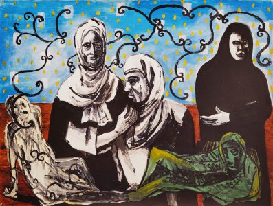 Nour-Eddine Jarram, De Drie Gratien, 2024, acrylic paint, watercolour on paper, 150 x 200 cm