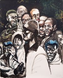 Nour-Eddine Jarram, Human Smuggler, 2024, acrylic paint, watercolour on paper, 150 x 120 cm