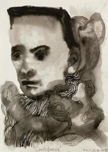 Nour-Eddine Jarram, Confidence, 2025, watercolour on paper, 29 x 21,5 cm