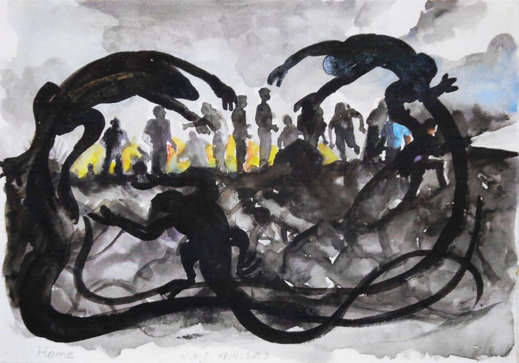Nour-Eddine Jarram, Home, 2023, watercolour on paper, 21 x 29,7 cm