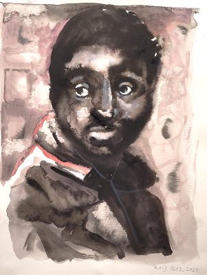 Nour-Eddine Jarram, The Wait, 2023, watercolour on paper, 40 x 30 cm