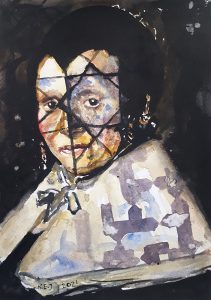 Nour-Eddine Jarram, no title, after Frans Hals (De regenten van het Oudemanshuis), 2021, watercolour on paper, 29,7 x 21 cm
