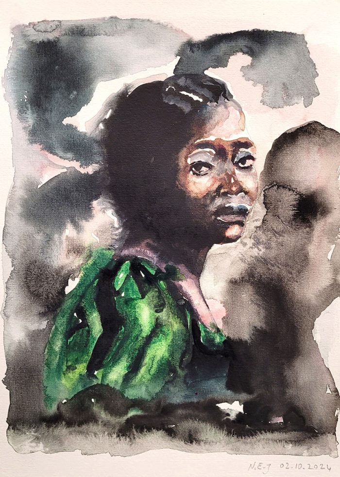 Nour-Eddine Jarram, no title (green dress), 2024, watercolour on paper, 29,7 x 21 cm