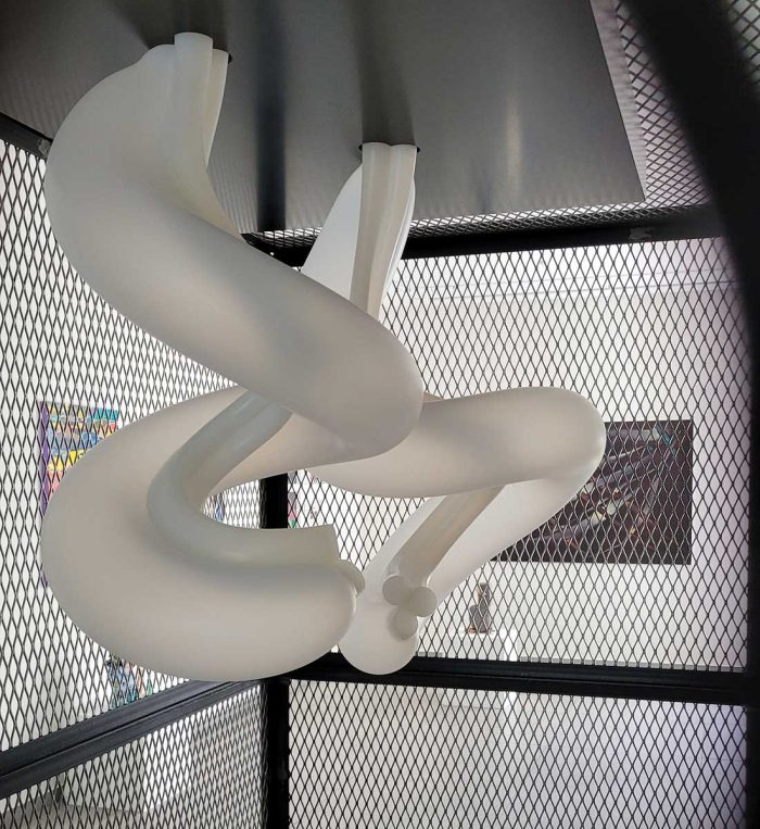 Paul Geelen, Umbilical Whiplash, 2021, inflatable sculpture in steel cage, 258 x 133 x 224 cm