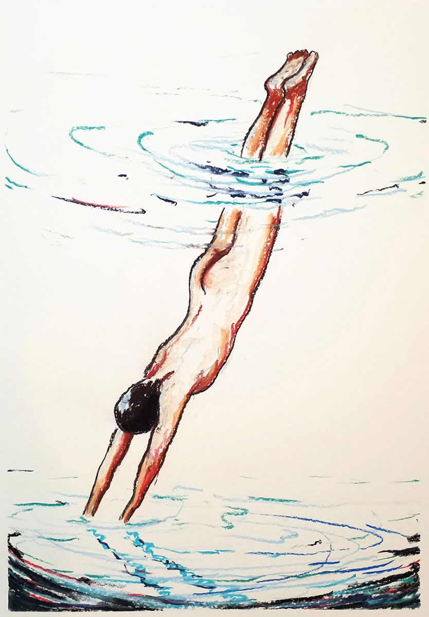 Ronald Versloot, Double Dive, 2024, pastel on paper, 70 x 50 cm
