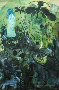 Sam Hersbach. Fantastical View into Portrayed, Realistic Embodiments, 2023, pigment, acrylic, charcoal, gouache on linen, 300 x 200 cm