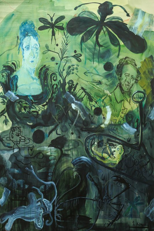 Sam Hersbach. Fantastical View into Portrayed, Realistic Embodiments, 2023, pigment, acrylic, charcoal, gouache on linen, 300 x 200 cm