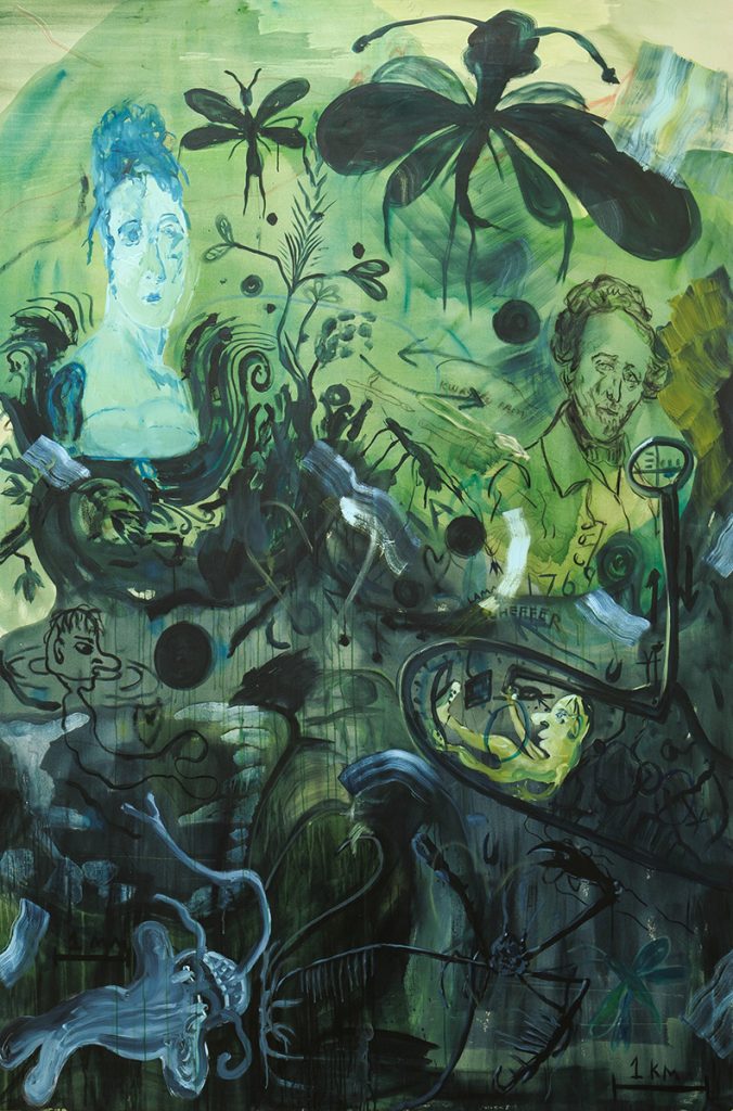 Sam-Hersbach-Fantastical-View-into-Portrayed-Realistic-Embodiments-2023-pigment-acrylic-charcoal-gouache-on-linen-300x200cm Sam Hersbach. A Mouth full of Reality, 2023, charcoal, pencil, acrylic, pigment on linen, 170 x 130 cm