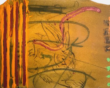 Sam Hersbach, Hind Foot Encounters, Hind Pay Markings in the Sandy Concrete, Talkative Nailmarks, Overhead Carriers Repaved, 2024, acrylic, charcoal, pigment, binder on canvas, 32 x 40 cm