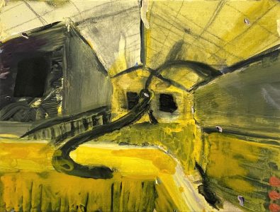 Sam Hersbach, PADA Gallery Space from one particular perspective, 2024, acrylic, charcoal, graphite on canvas, 30 x 40 cm