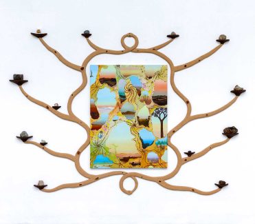 Simone Albers, Middle Realm 1, 2025, acrylic, oil paint, sand on linen, 120 x 90 cm, wood, papier mache, earth pigment, stones, 190 x 280 cm