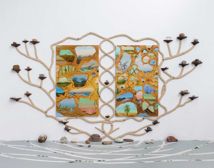 Simone Albers, Middle Realm 2, 2025, acrylic oil paint, sand on linen, 2 x 120 x 90 cm, wood, papier mache, earth pigment, stones, 200 x 400 cm