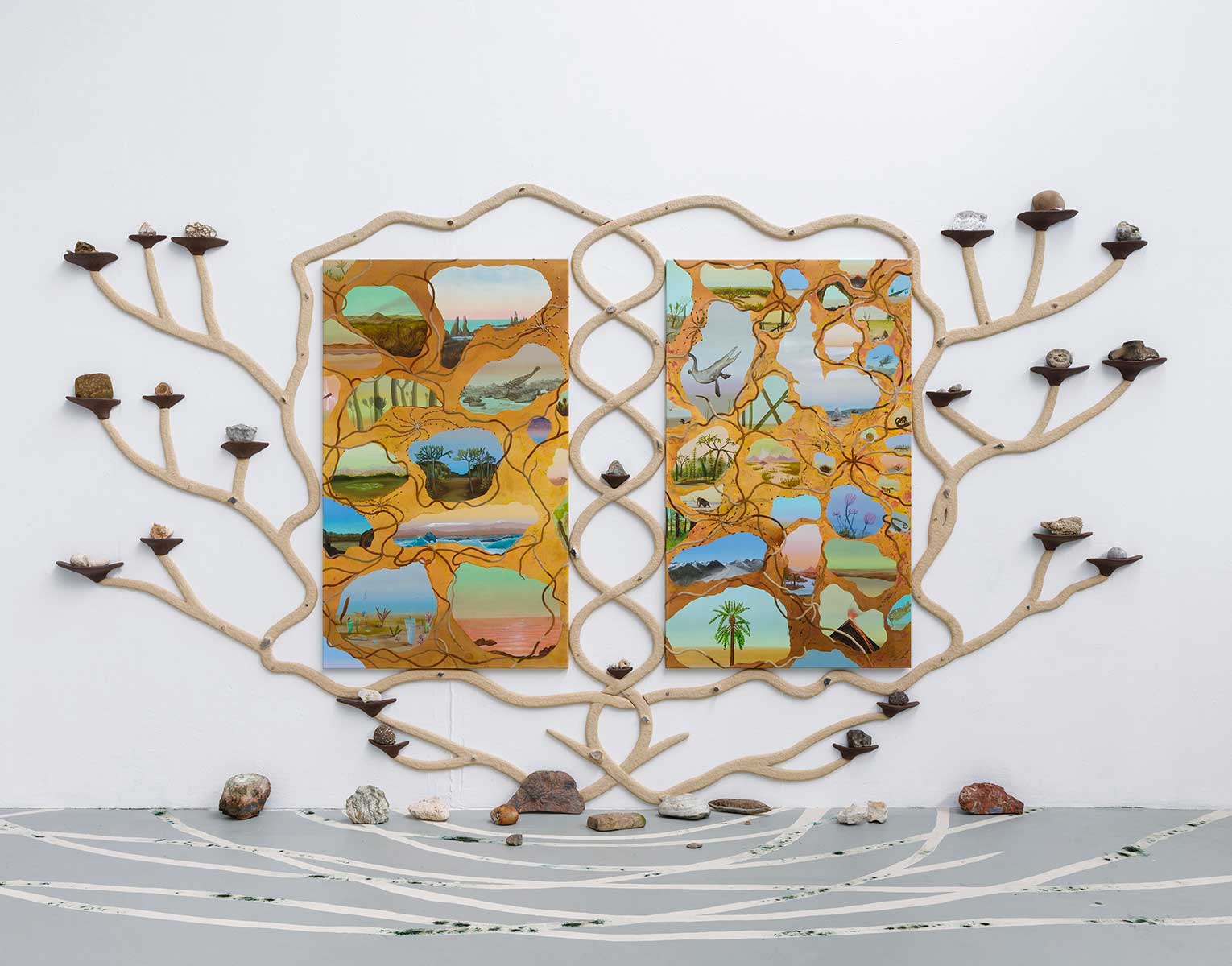 Simone-Albers-Middle-Realm-2-2025-acrylic-oilpaint-sand-on-linen-2x120x90cm-wood-papier-mache-earthpigment-stones-200x400cm Simone Albers, The Middle Realm 2, 2025, acrylic oil paint, sand on linen, 2 x 120 x 90 cm, wood, papier maché, earth pigment, stones, 200 x 400 cm