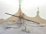 Simone Albers, Prima Materia 2, 2023, wood, rope, ceramics, metal, acrylic, paper, sand, 90 x 270 x 270 cm