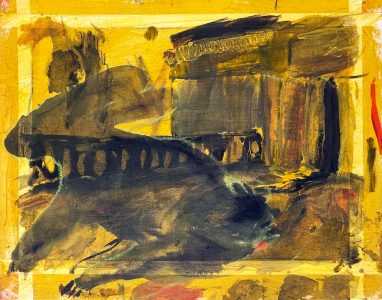 Sam Hersbach, Sticky, Persistent, Fading - (Ratti Balcony Haaskonijn), 2025, acrylic, charcoal, vinyl, tape, chalk on canvas, 40 x 50 cm