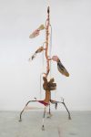 Jordan Herregraven, Stolen Harvest, 2025, linden wood, steel, textile, horse hair, apoxy clay, dried flowers, ceramic, hay, 320 x 120 x 100 cm